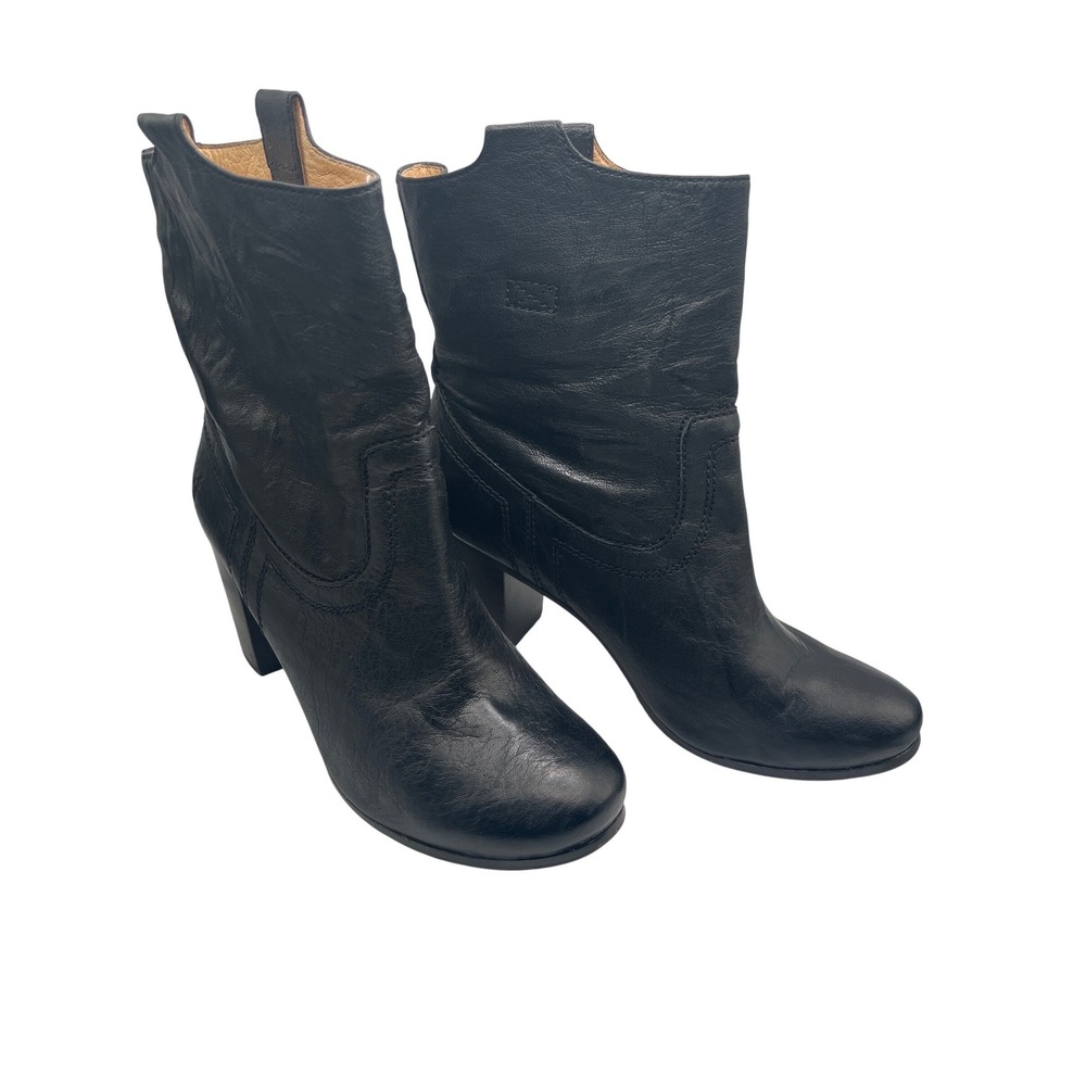 Frye Carson Mid Black Leather Western Block Heel Ankle Boots Womens Size 8.5